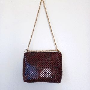 VINTAGE Whiting & Davis Vintage MAROON Metal Mesh Purse Bag Gold vtg Disco 70s